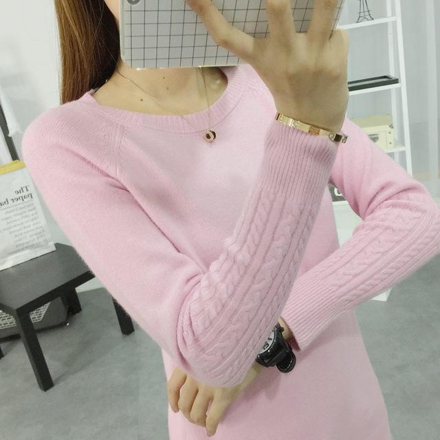 Women Cable Knit Design Pull Over turtle neck Sweater-Pink O Neck-S-JadeMoghul Inc.