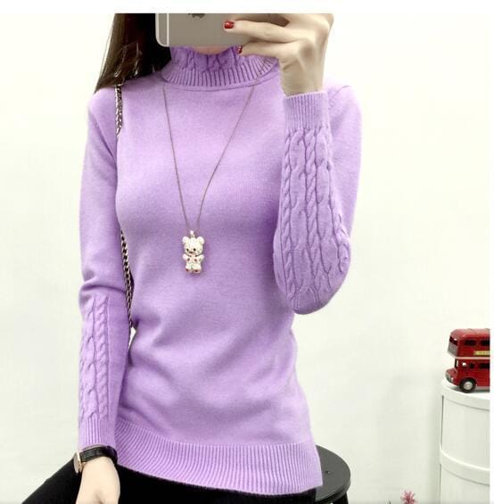 Women Cable Knit Design Pull Over turtle neck Sweater-purple-S-JadeMoghul Inc.