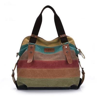 Women Canvas Striped Shoulder Bag With Zipper Closure-Black-China-JadeMoghul Inc.