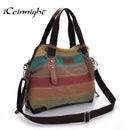 Women Canvas Striped Shoulder Bag With Zipper Closure-Black-China-JadeMoghul Inc.