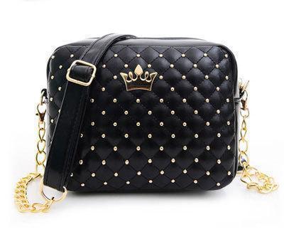 Women Carry All Small Cross Body Bag With Quilting And Crown Charm-black bag-JadeMoghul Inc.