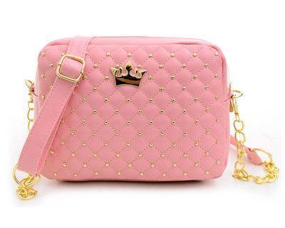 Women Carry All Small Cross Body Bag With Quilting And Crown Charm-pink bag-JadeMoghul Inc.