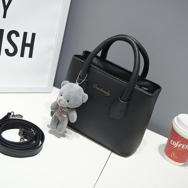 Women Casual Day Time Hand Bag With Plush Bear Charm-Black-JadeMoghul Inc.