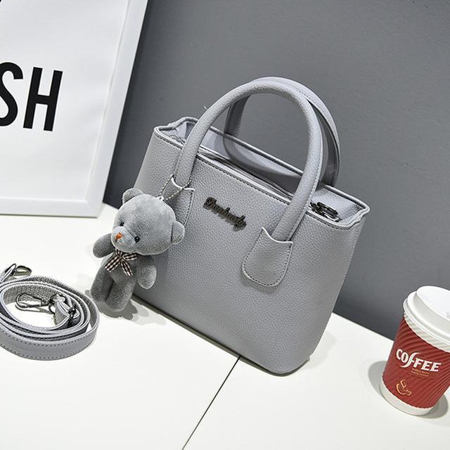 Women Casual Day Time Hand Bag With Plush Bear Charm-Gray-JadeMoghul Inc.