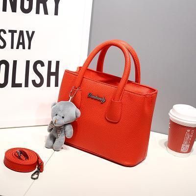 Women Casual Day Time Hand Bag With Plush Bear Charm-Red-JadeMoghul Inc.