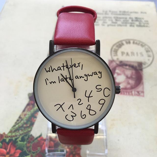 Women Casual Funny Quote Leather Strap Watch-Red-JadeMoghul Inc.