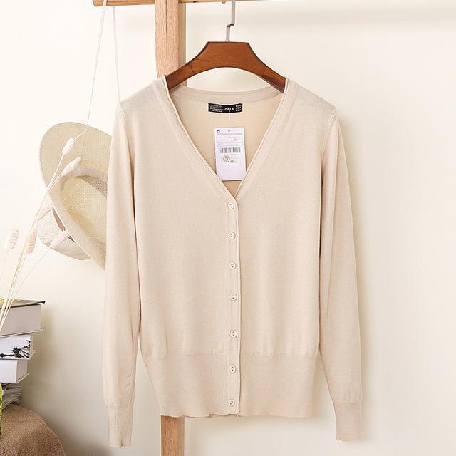 Women Casual Solid Color V Neck Cardigan-apricot-XL-JadeMoghul Inc.