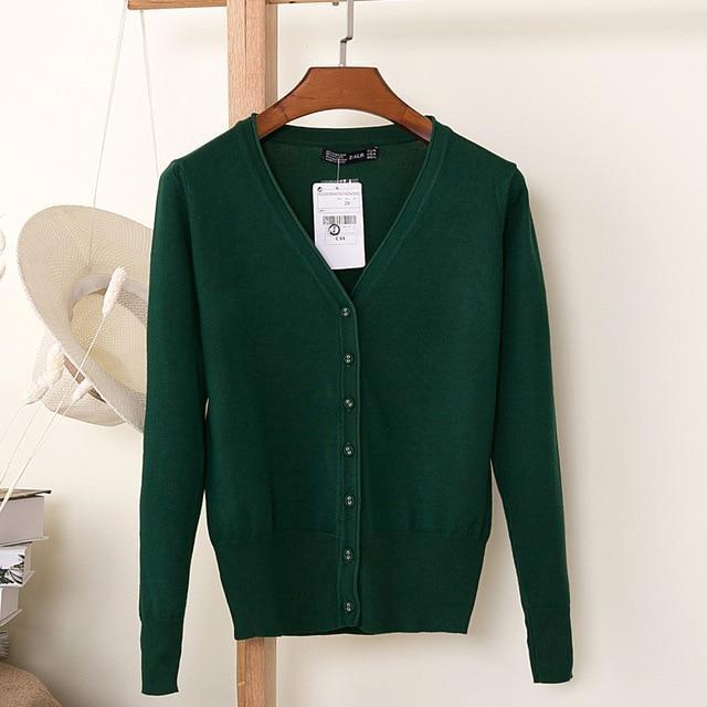 Women Casual Solid Color V Neck Cardigan-blackish green-XL-JadeMoghul Inc.