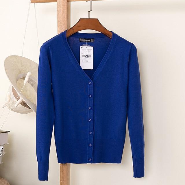 Women Casual Solid Color V Neck Cardigan-blue-XL-JadeMoghul Inc.