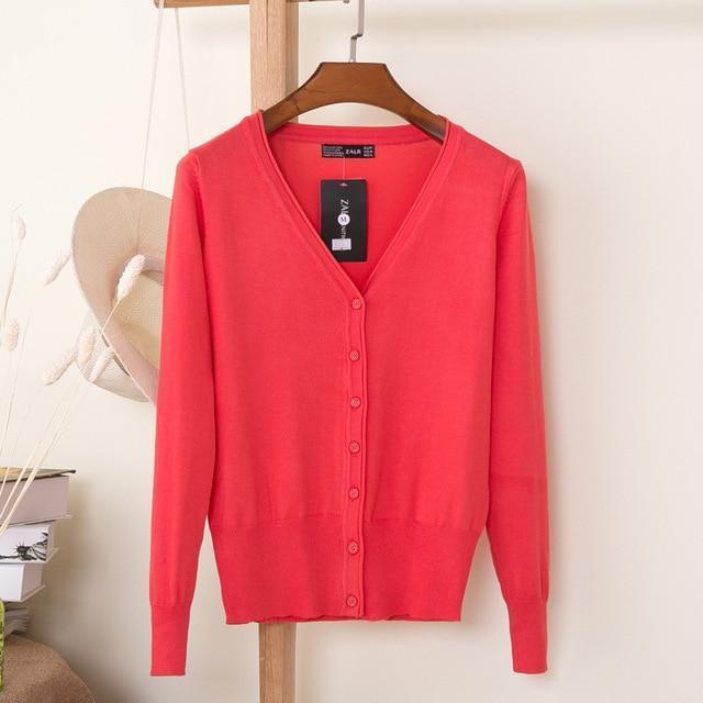 Women Casual Solid Color V Neck Cardigan-fruit red-XL-JadeMoghul Inc.