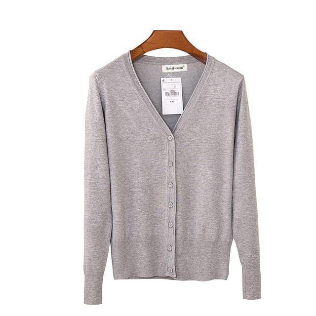 Women Casual Solid Color V Neck Cardigan-gray-XL-JadeMoghul Inc.