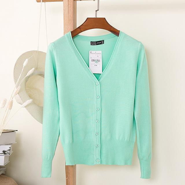 Women Casual Solid Color V Neck Cardigan-light green-XL-JadeMoghul Inc.
