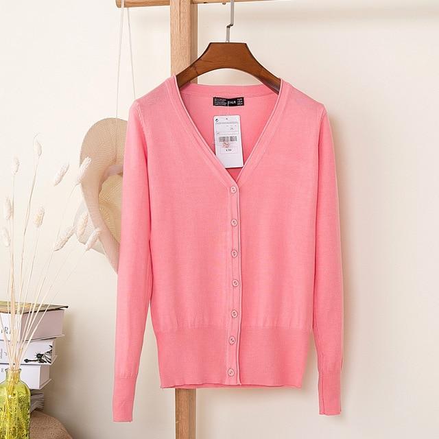 Women Casual Solid Color V Neck Cardigan-pink-XL-JadeMoghul Inc.