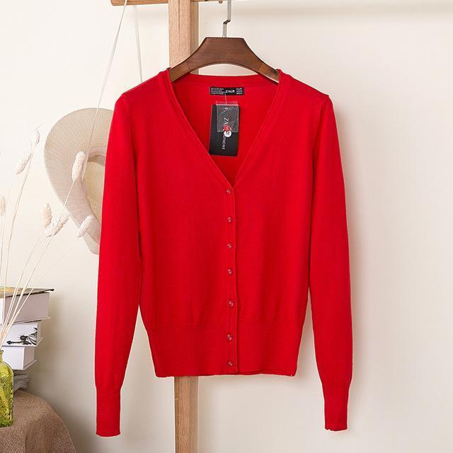 Women Casual Solid Color V Neck Cardigan-red-XL-JadeMoghul Inc.
