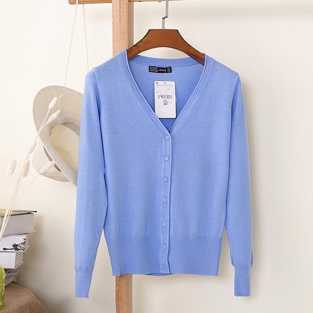 Women Casual Solid Color V Neck Cardigan-sky blue-XL-JadeMoghul Inc.