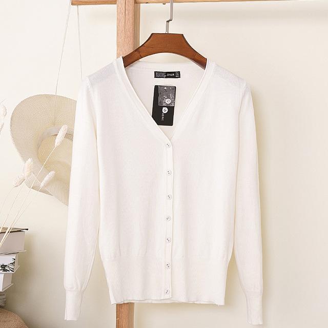 Women Casual Solid Color V Neck Cardigan-white-XL-JadeMoghul Inc.