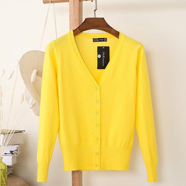 Women Casual Solid Color V Neck Cardigan-yellow-XL-JadeMoghul Inc.