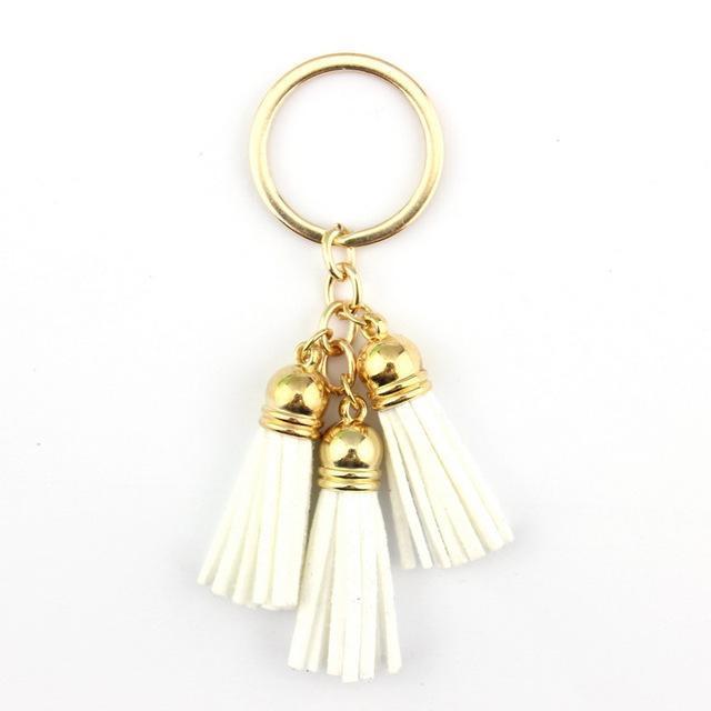 Women Casual Triple Leather Tassels Keychain/ Bag Charm-Gold White-JadeMoghul Inc.