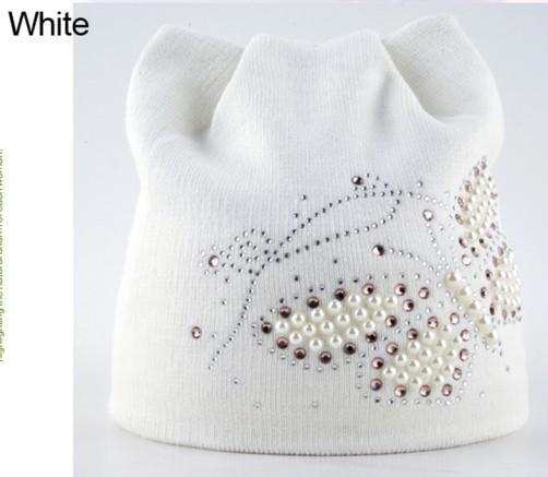 Women Cat Beanie/ Hat With Pearls And Diamond Butterfly Detailing-White-JadeMoghul Inc.