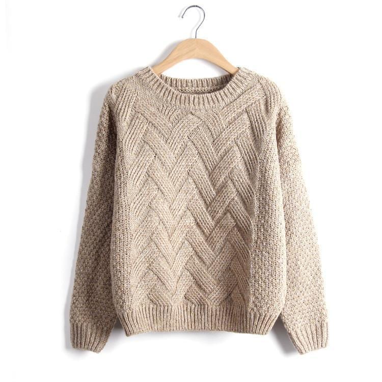 Women Chevron Self Mohair Pull Over Sweater-Khaki-One Size-JadeMoghul Inc.
