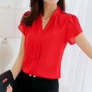 Women Chiffon Short Sleeved Shirt Top In Solid Colors-Red-L-JadeMoghul Inc.