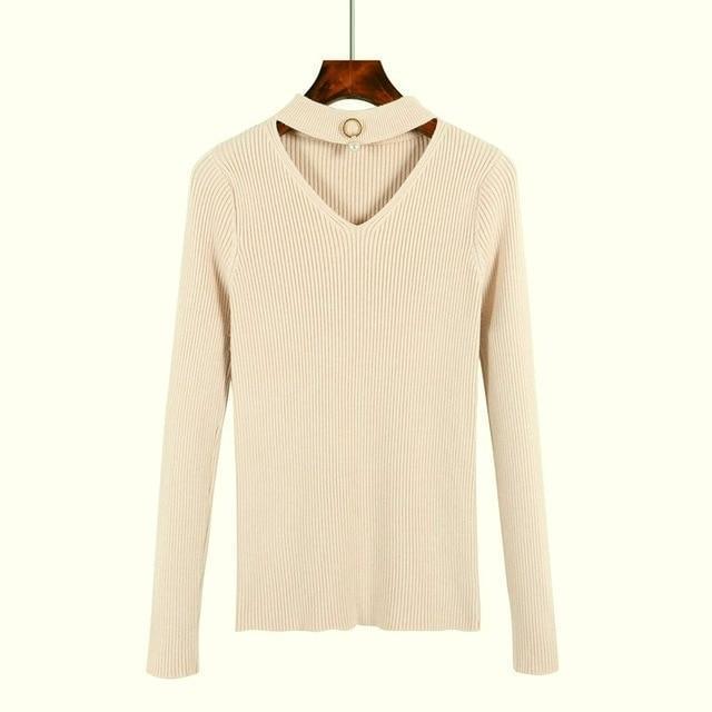 Women Choker V Neck sweater Top With Pearl Embellishment-apricot-One Size-JadeMoghul Inc.