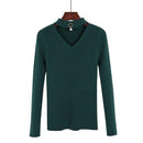 Women Choker V Neck sweater Top With Pearl Embellishment-green-One Size-JadeMoghul Inc.