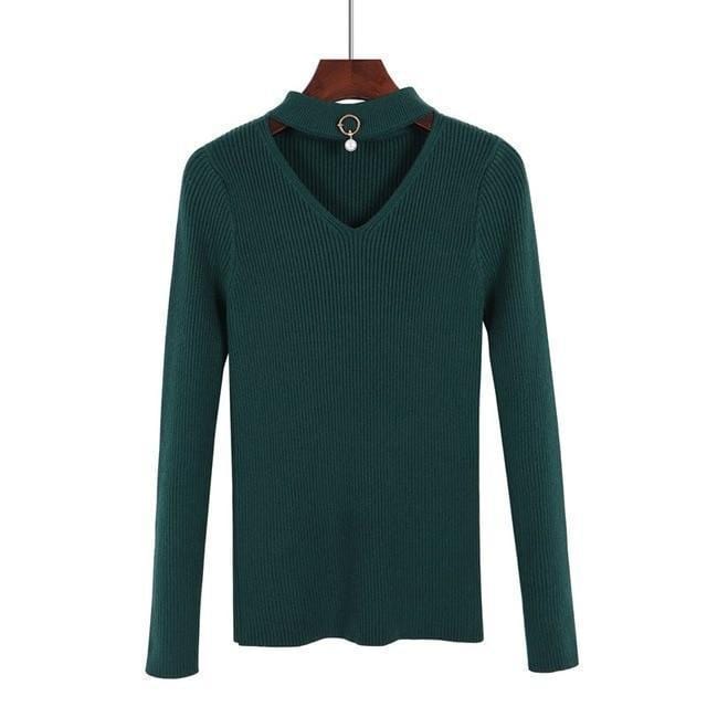 Women Choker V Neck sweater Top With Pearl Embellishment-green-One Size-JadeMoghul Inc.