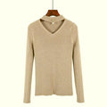 Women Choker V Neck sweater Top With Pearl Embellishment-khaki-One Size-JadeMoghul Inc.