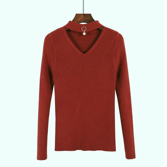 Women Choker V Neck sweater Top With Pearl Embellishment-red-One Size-JadeMoghul Inc.