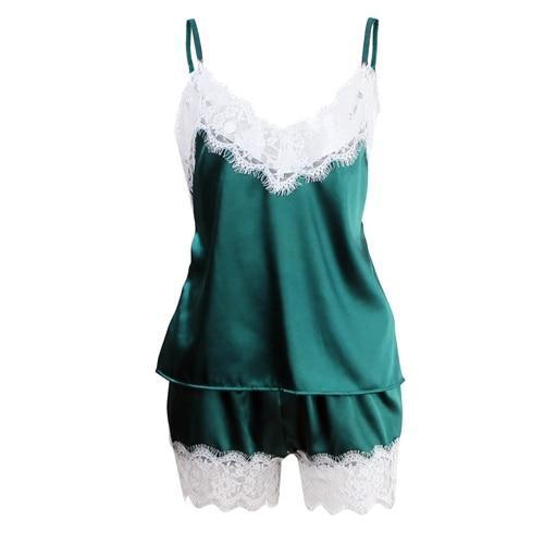 Women Clothes For Summer Shorts Sets Sleepwear Satin Pajama Cami Top + Shorts Pajamas Spaghetti Strap Lace Sexy Pajama Set-A White Green-S-JadeMoghul Inc.