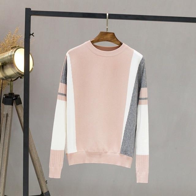 Women Color Block Pullover Sweater-Pink-One Size-JadeMoghul Inc.