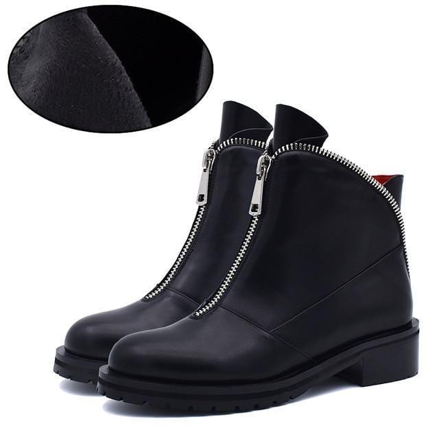 Women Comfortable Chunky Heels Front Zipper Ankle Boots-Black Thin Plush-34-JadeMoghul Inc.