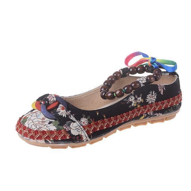 Women Cotton Canvas Printed Design Slip On Shoes With Wood Beads Detailing-7013W black-5-JadeMoghul Inc.