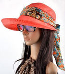 Women Cotton Visor Hat With Printed Silk Scarf Ribbon-Orange-China-JadeMoghul Inc.