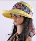Women Cotton Visor Hat With Printed Silk Scarf Ribbon-Yellow-China-JadeMoghul Inc.