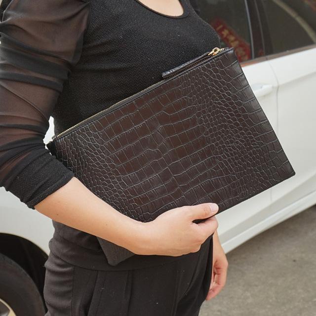 Women Crocodile Embossed Patent Leather Clutch Bag-Black-JadeMoghul Inc.
