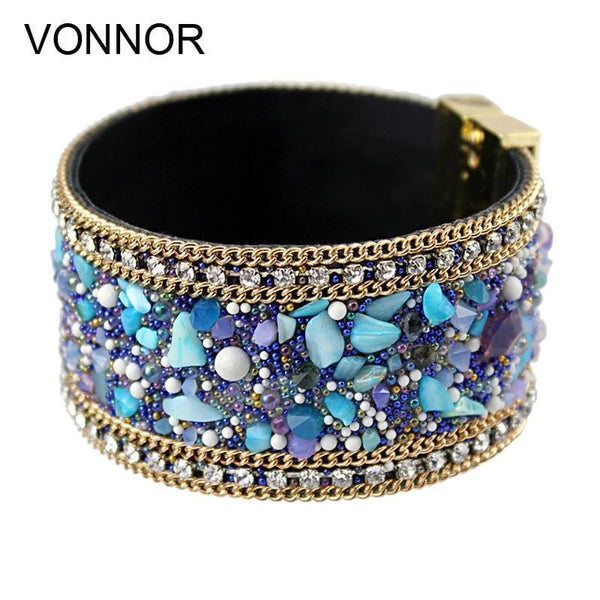 Women Crystal And Stones Leather Cuff Bracelet With Magnetic Clasp-NO 301-JadeMoghul Inc.