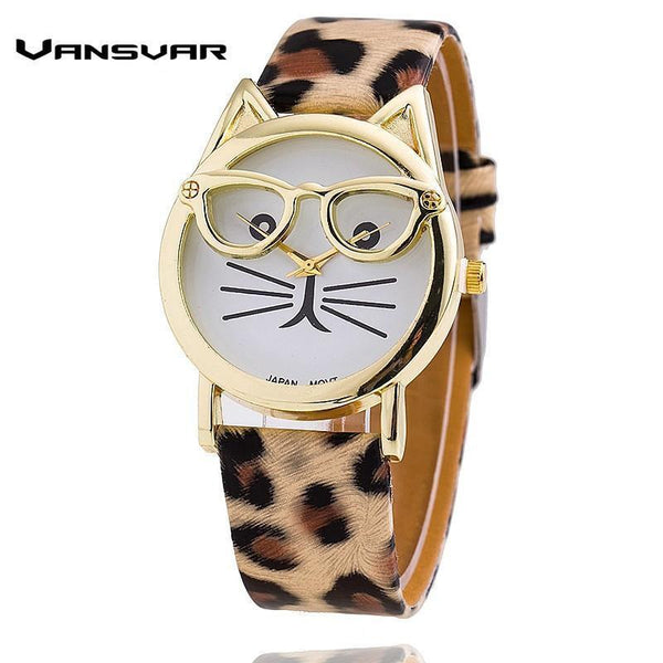 Women Cute Cat With Glasses Design Casual Watch-Black-JadeMoghul Inc.