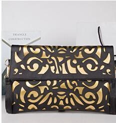 Women Cutwork Envelope Clutch Bag With Detachable Shoulder Strap-black with golden-JadeMoghul Inc.