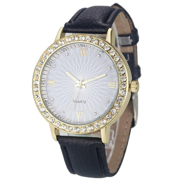Women Diamond Analog Leather Strap Wrist Watch-Black-JadeMoghul Inc.