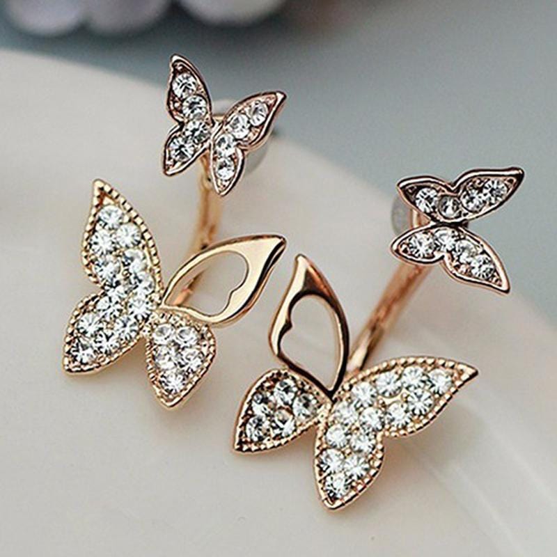 Women Ear Back Butterfly Stud Earrings With Crystal Detailing-18K gold-JadeMoghul Inc.