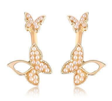 Women Ear Back Butterfly Stud Earrings With Crystal Detailing-gold pearl-JadeMoghul Inc.
