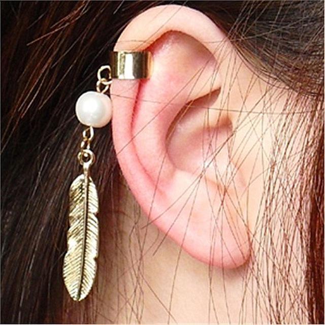 Women Ear Cuffs With stones And Chains And Feather Design-ES131 Gold-JadeMoghul Inc.