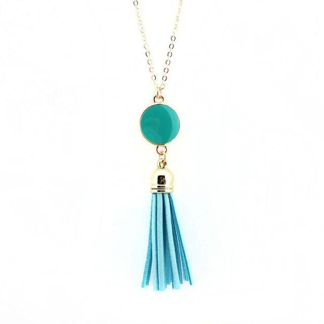 Women Enamel Disc Long Tassel Pendant Necklace-Gold Aqua-As Picture-77cm-JadeMoghul Inc.