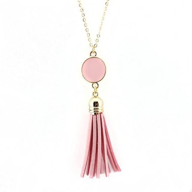 Women Enamel Disc Long Tassel Pendant Necklace-Gold Pink-As Picture-77cm-JadeMoghul Inc.