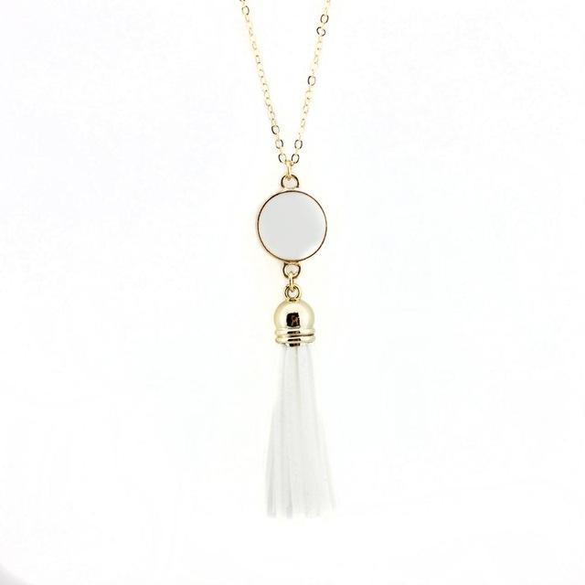 Women Enamel Disc Long Tassel Pendant Necklace-Gold White-As Picture-77cm-JadeMoghul Inc.