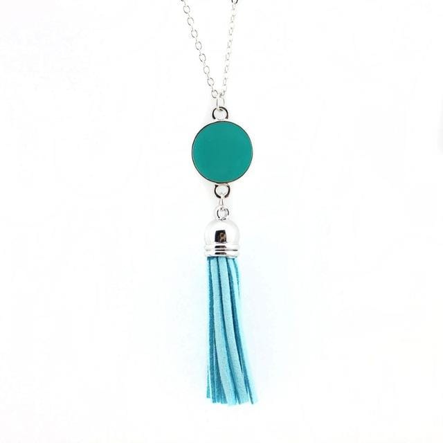 Women Enamel Disc Long Tassel Pendant Necklace-Silver Aqua-As Picture-77cm-JadeMoghul Inc.