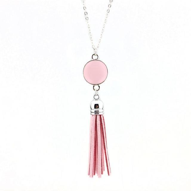 Women Enamel Disc Long Tassel Pendant Necklace-Silver Pink-As Picture-77cm-JadeMoghul Inc.