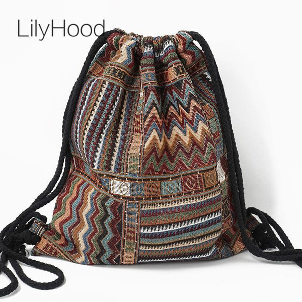 Women Fabric Backpack - Bohemian Chic Ethnic Drawstring Bag-NO 1-JadeMoghul Inc.